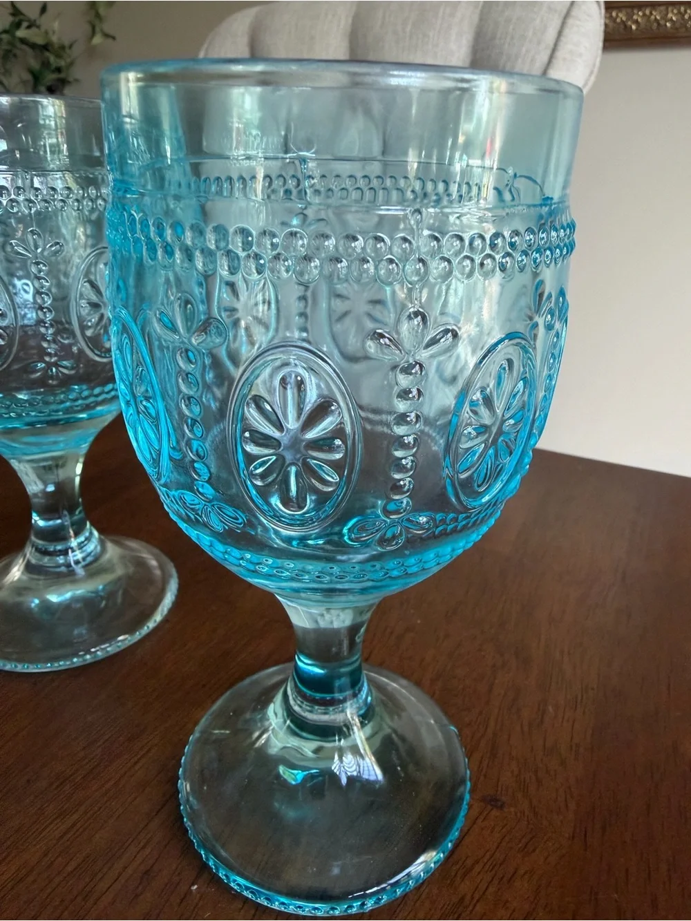 Turquoise Embossed Goblet Glasses - Set of 4